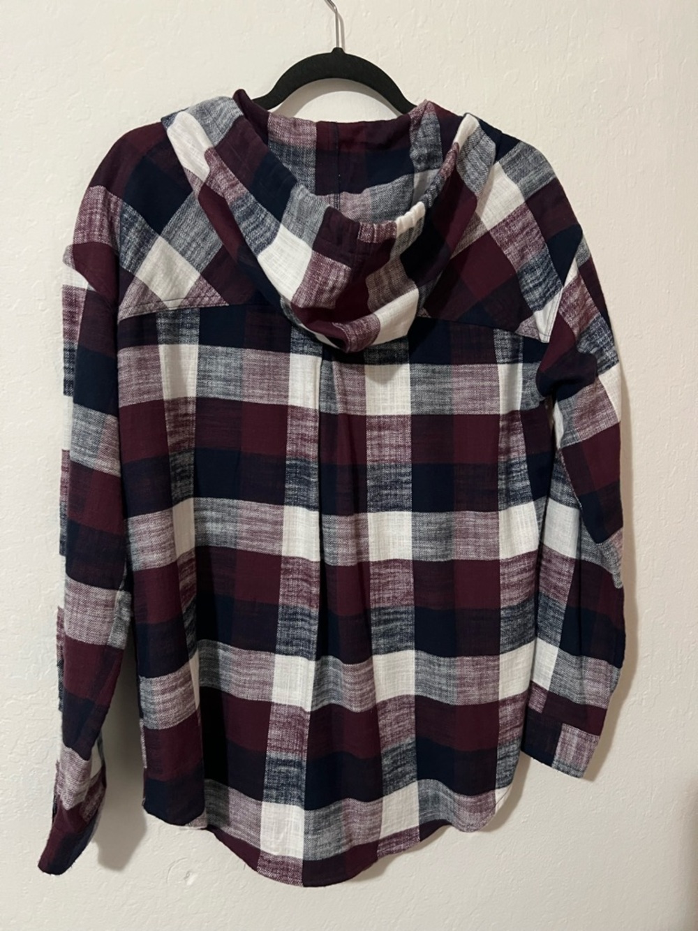 Plaid Hooded Button-Up oversized Shirt Jacket - Burgundy, black, white